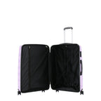 Small wisteria suitcase shown open, revealing a black lined interior with a zippered divider and cross straps.