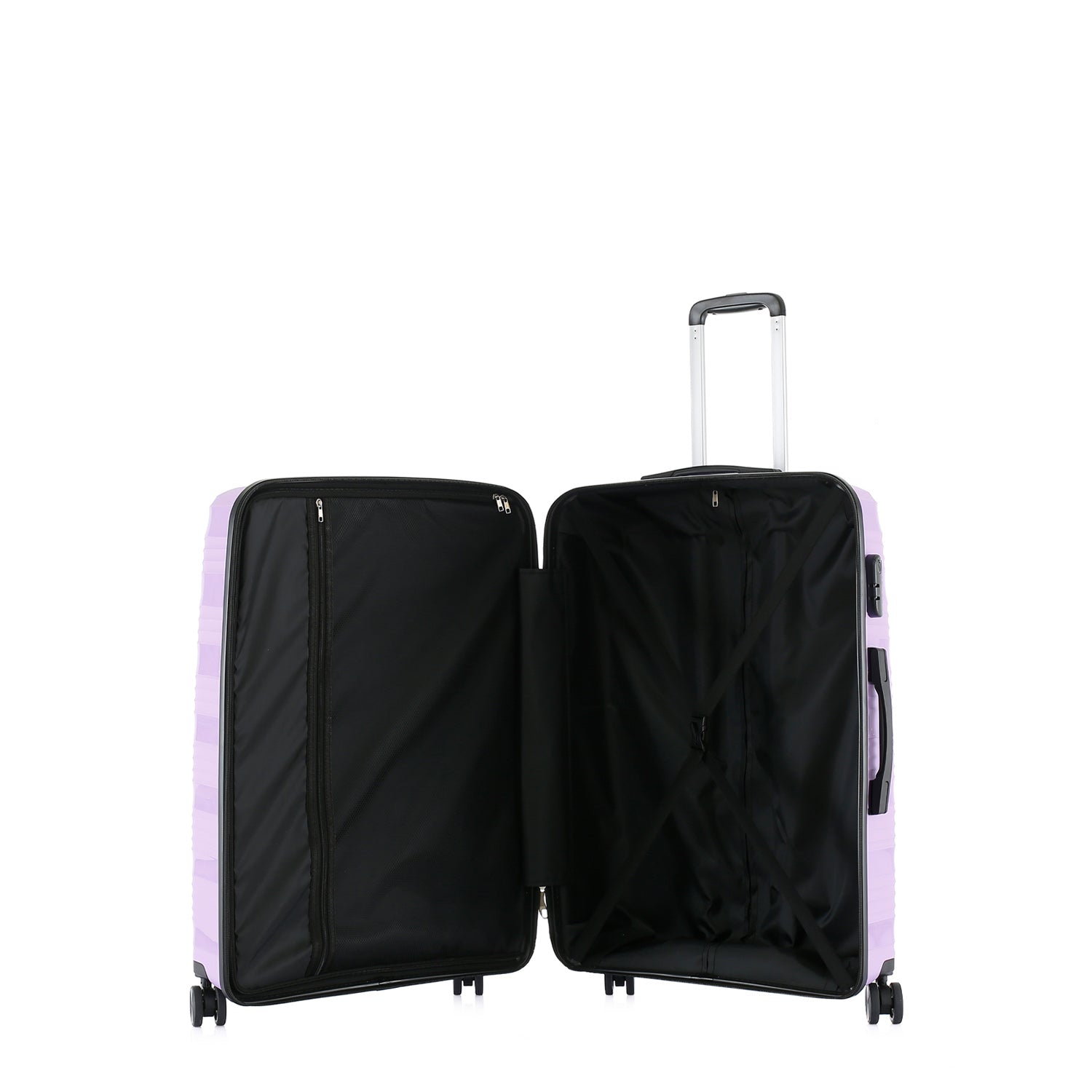 Small wisteria suitcase shown open, revealing a black lined interior with a zippered divider and cross straps.