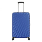 Front view of the Large blue hard-shell suitcase with diagonal ribbed detailing, extended telescopic handle and spinner wheels.