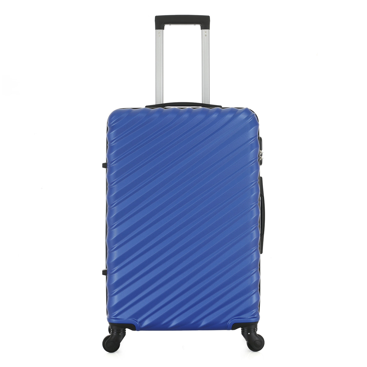 Front view of the Large blue hard-shell suitcase with diagonal ribbed detailing, extended telescopic handle and spinner wheels.