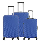 Three blue hard-shell suitcases in Small, Medium and Large sizes, featuring diagonal ribbed detailing, telescopic handles and four spinner wheels.