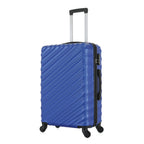Angled view of the Large blue hard-shell suitcase showing the ribbed shell, extended handle, side carry handle and spinner wheels.