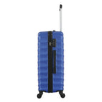 Side view of the Large blue hard-shell suitcase showing the zip closure, combination lock, side carry handle and spinner wheels.