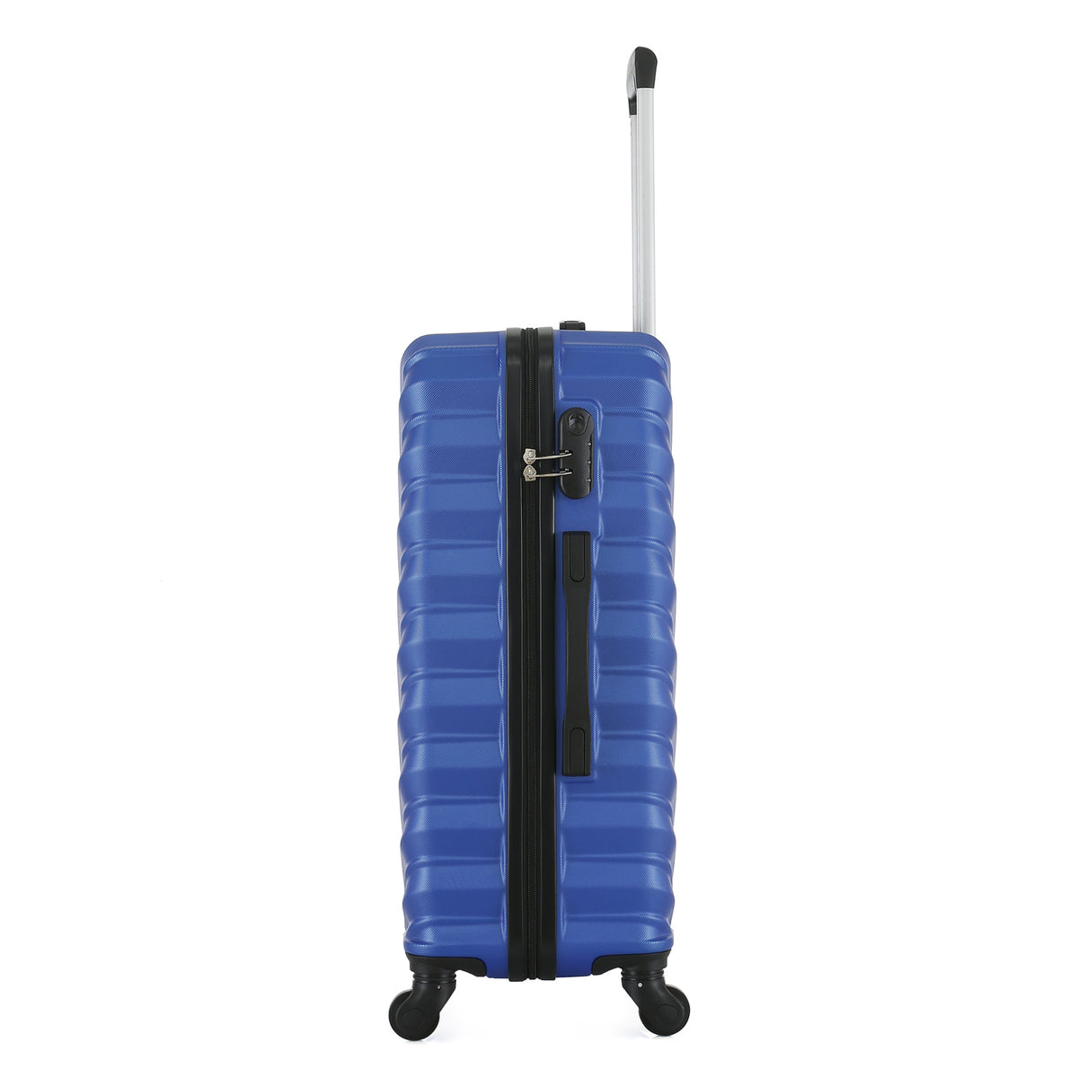 Side view of the Large blue hard-shell suitcase showing the zip closure, combination lock, side carry handle and spinner wheels.