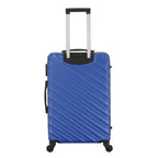 Rear view of the Large blue hard-shell suitcase featuring diagonal ribbed detailing, telescopic handle and spinner wheels.