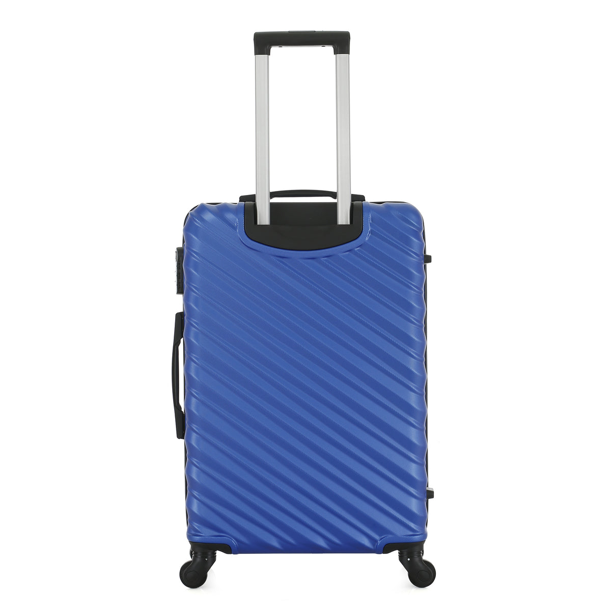 Rear view of the Large blue hard-shell suitcase featuring diagonal ribbed detailing, telescopic handle and spinner wheels.