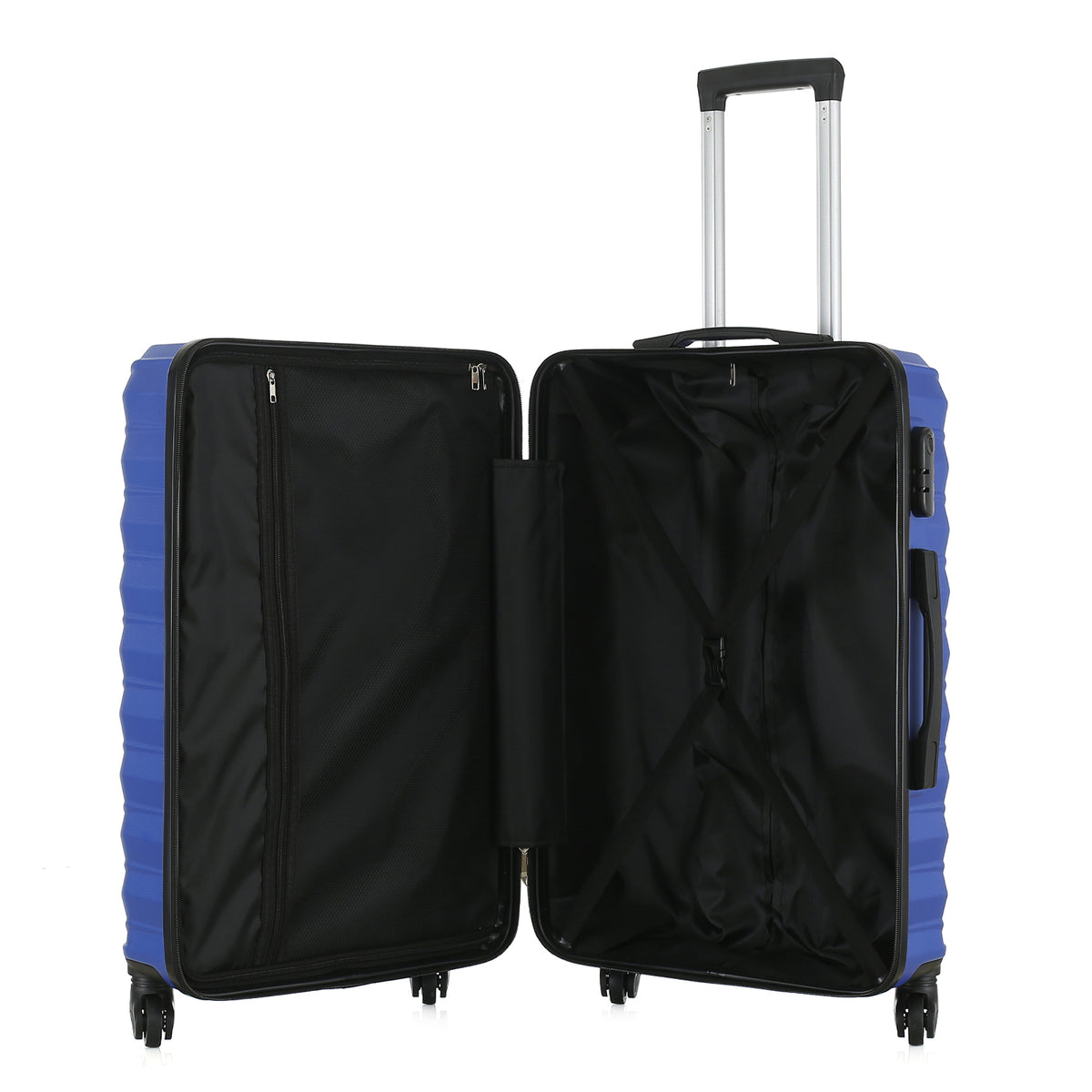 Open view of the Large blue hard-shell suitcase showing the black lined interior, zippered divider compartment and adjustable packing straps.