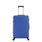 Front view of the Medium blue hard-shell suitcase with diagonal ribbed detailing, extended telescopic handle and spinner wheels.