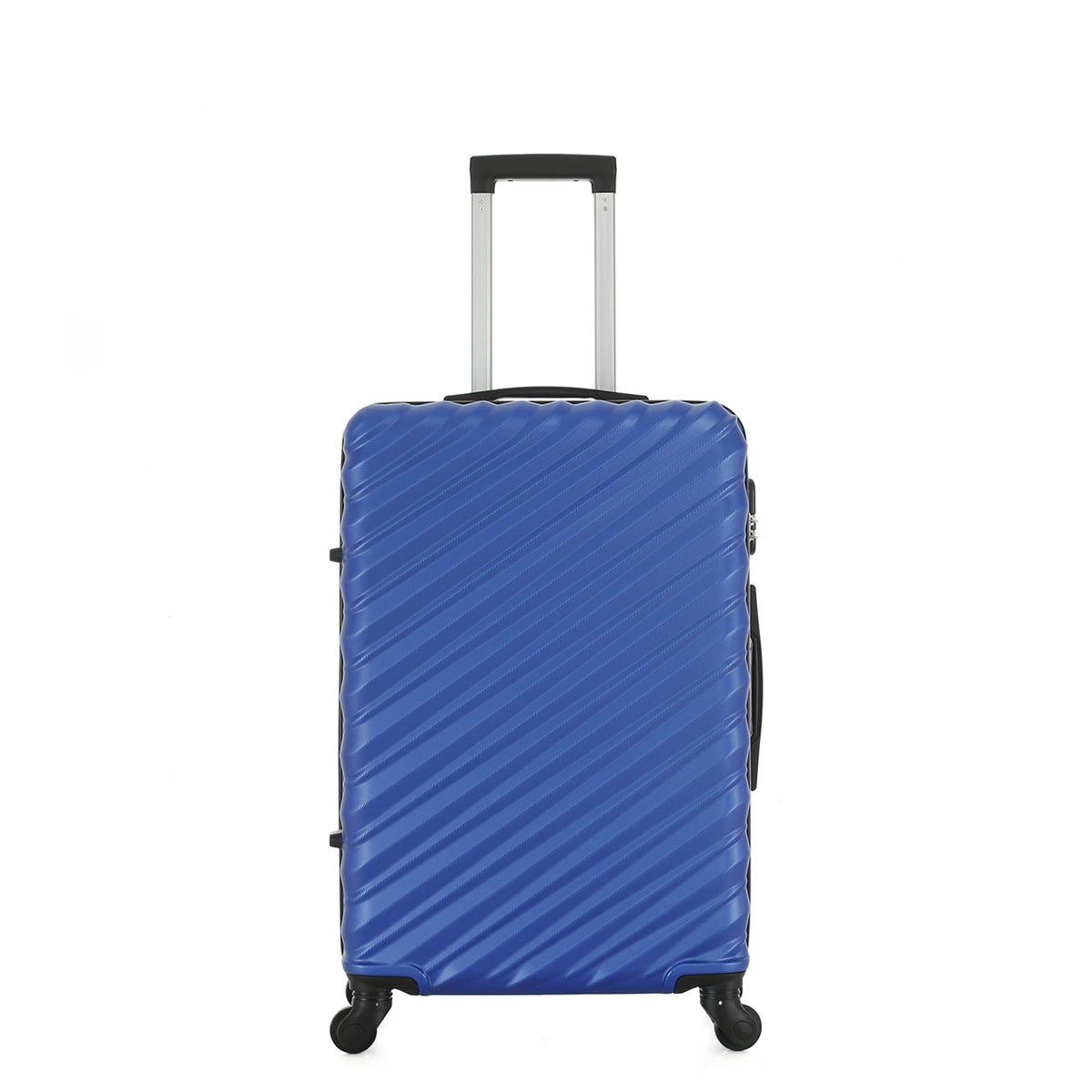 Front view of the Medium blue hard-shell suitcase with diagonal ribbed detailing, extended telescopic handle and spinner wheels.