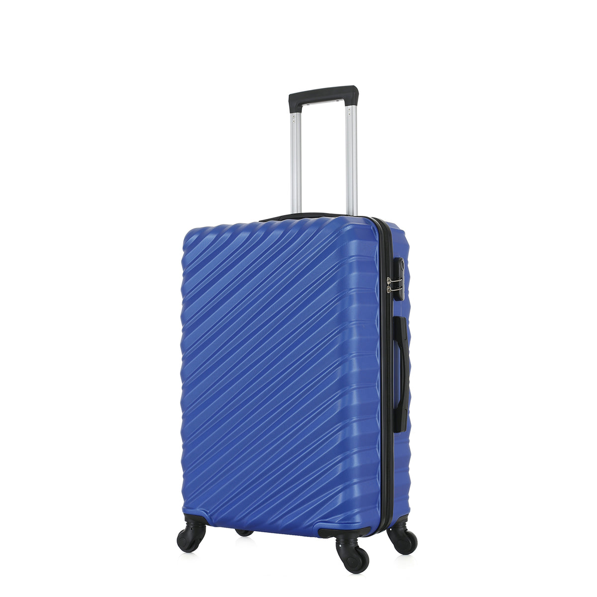 Angled view of the Medium blue hard-shell suitcase showing the ribbed shell, zip closure, side carry handle and spinner wheels.