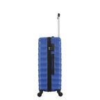 Side view of the Medium blue hard-shell suitcase showing the combination lock, side carry handle, zip closure and spinner wheels.