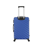 Rear view of the Medium blue hard-shell suitcase with diagonal ribbed detailing, telescopic handle and spinner wheels.