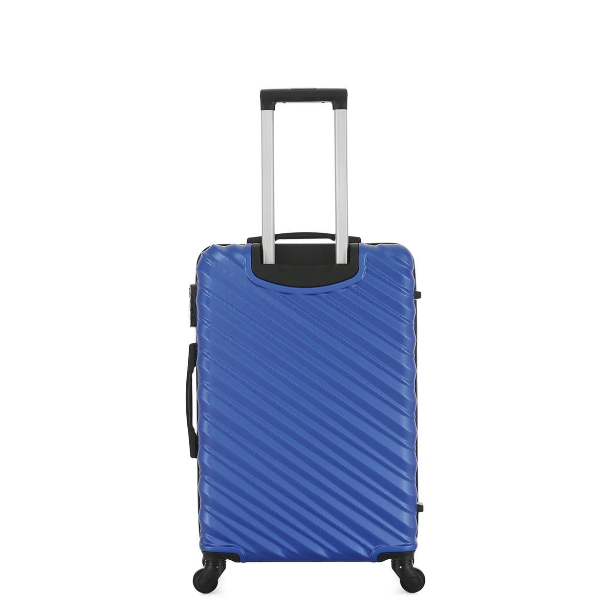 Rear view of the Medium blue hard-shell suitcase with diagonal ribbed detailing, telescopic handle and spinner wheels.
