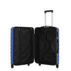 Open view of the Medium blue hard-shell suitcase showing the black lined interior, zippered divider and adjustable packing straps.