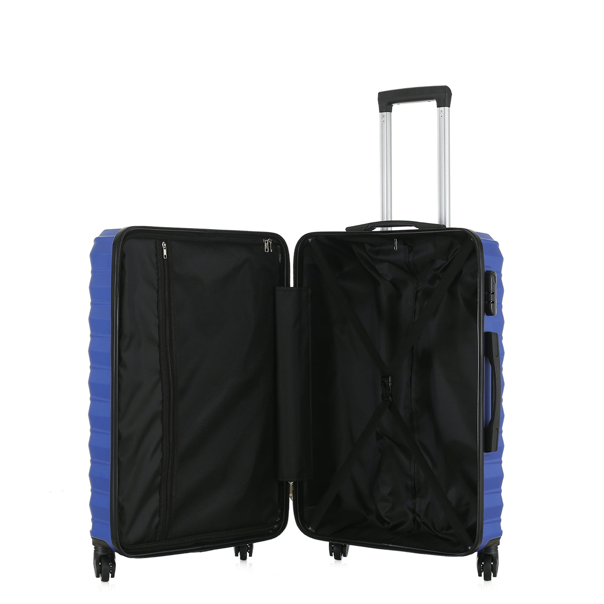 Open view of the Medium blue hard-shell suitcase showing the black lined interior, zippered divider and adjustable packing straps.