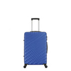 Front view of the Small blue hard-shell suitcase with diagonal ribbed detailing, telescopic handle and spinner wheels.