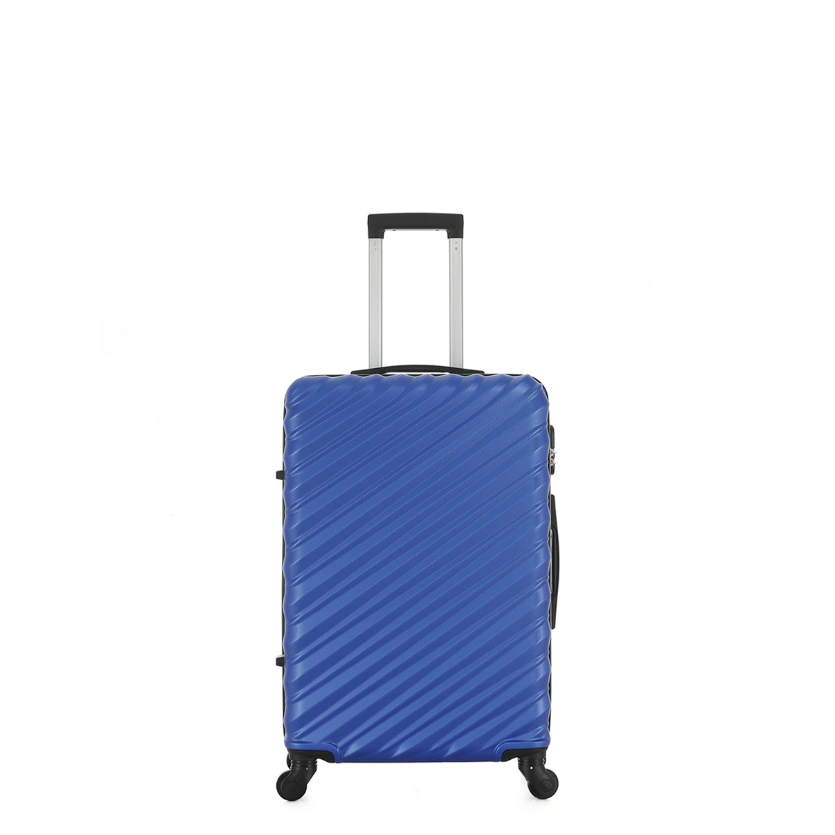 Front view of the Small blue hard-shell suitcase with diagonal ribbed detailing, telescopic handle and spinner wheels.