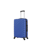 Angled view of the Small blue hard-shell suitcase showing the ribbed shell, zip closure, side carry handle and spinner wheels.