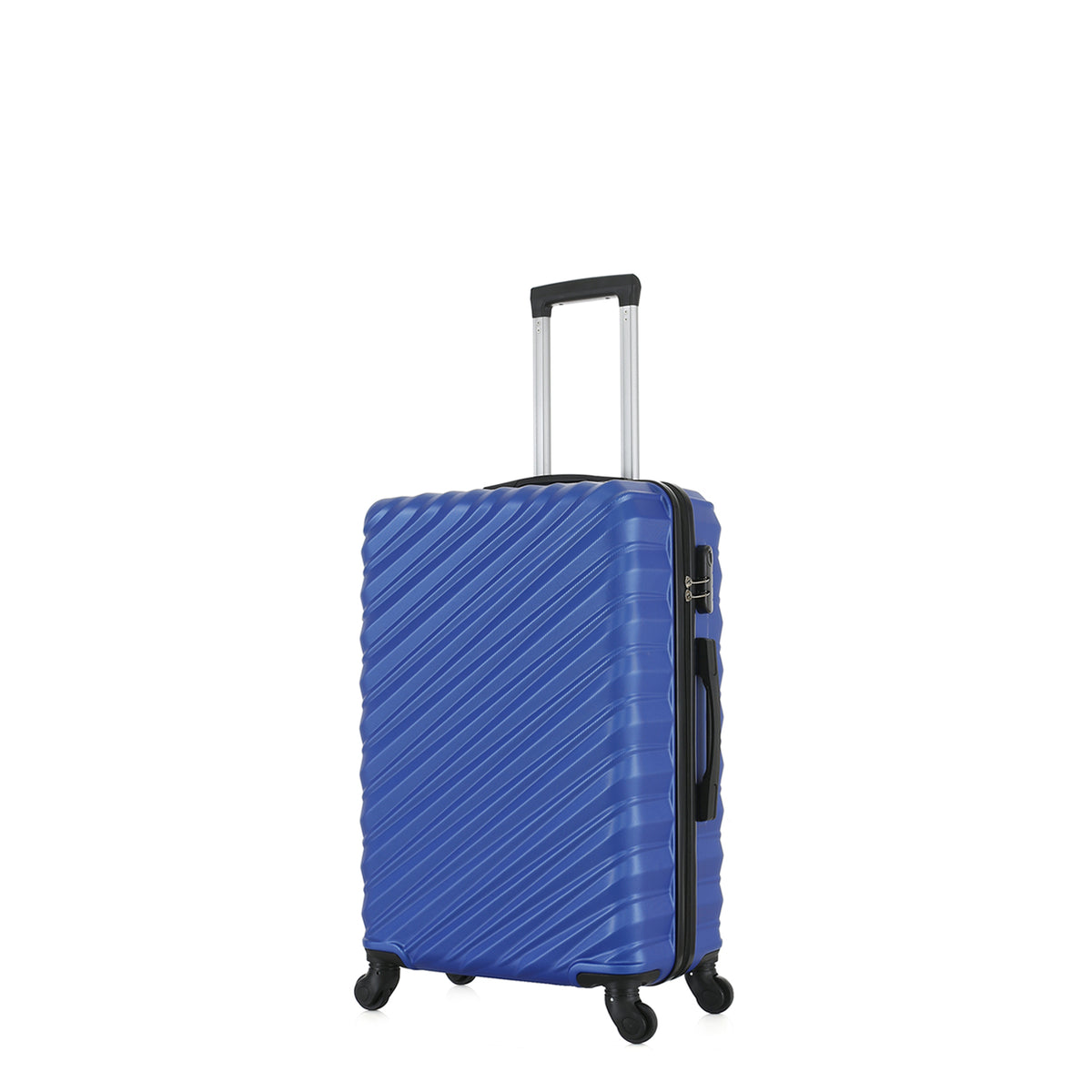 Angled view of the Small blue hard-shell suitcase showing the ribbed shell, zip closure, side carry handle and spinner wheels.