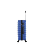 Side view of the Small blue hard-shell suitcase showing the combination lock, zip closure, side carry handle and spinner wheels.