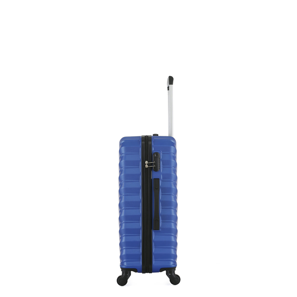 Side view of the Small blue hard-shell suitcase showing the combination lock, zip closure, side carry handle and spinner wheels.