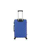 Rear view of the Small blue hard-shell suitcase with diagonal ribbed detailing, telescopic handle and spinner wheels.