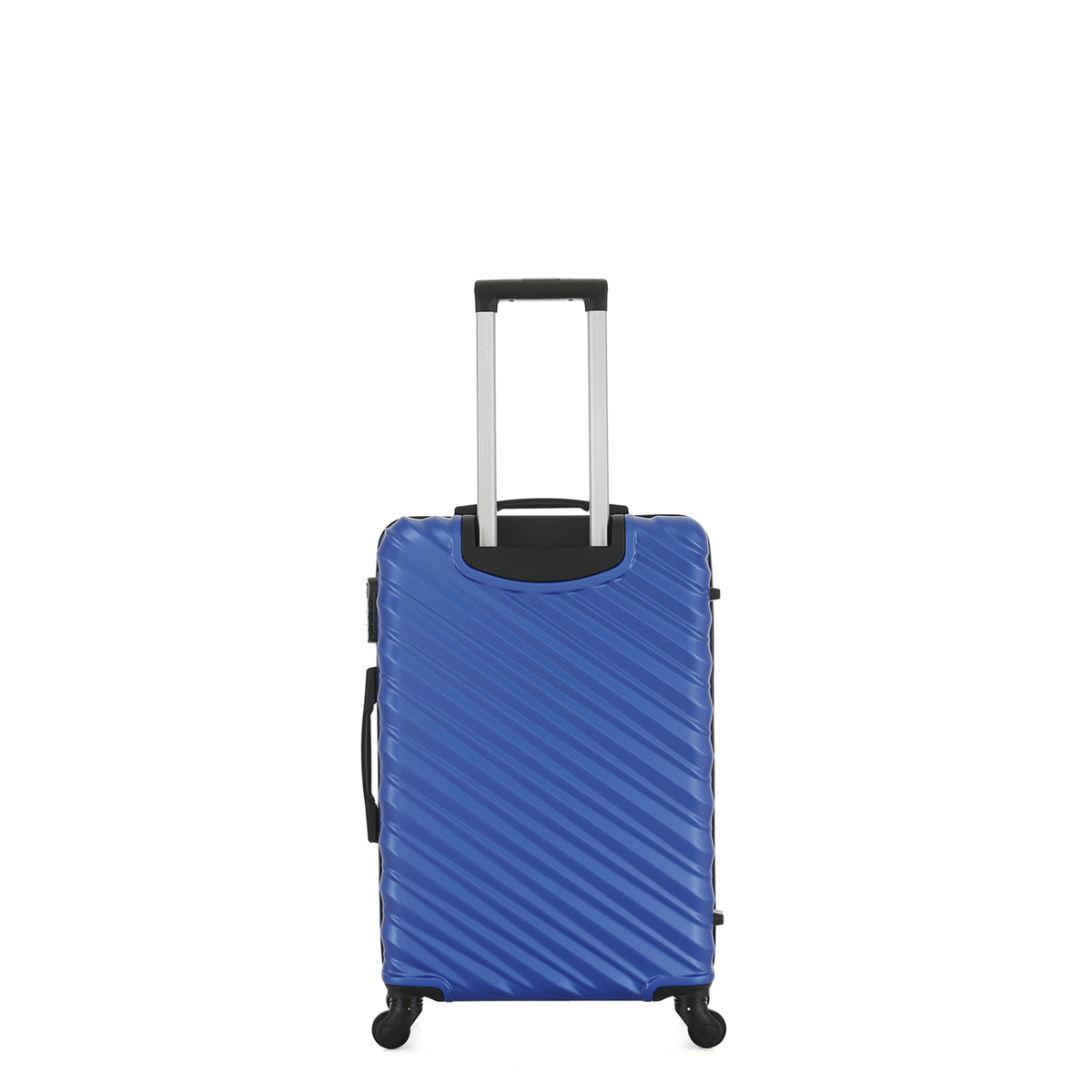 Rear view of the Small blue hard-shell suitcase with diagonal ribbed detailing, telescopic handle and spinner wheels.