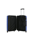Open view of the Small blue hard-shell suitcase showing the black lined interior, zippered divider compartment and adjustable packing straps.
