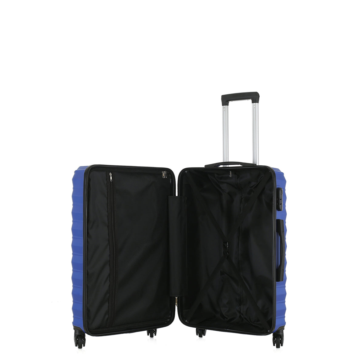 Open view of the Small blue hard-shell suitcase showing the black lined interior, zippered divider compartment and adjustable packing straps.