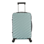 Front view of the Large teal hard-shell suitcase with diagonal ribbed detailing, extended telescopic handle and spinner wheels.