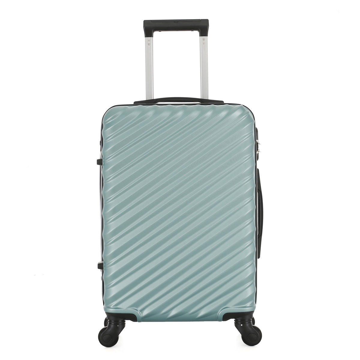 Front view of the Large teal hard-shell suitcase with diagonal ribbed detailing, extended telescopic handle and spinner wheels.