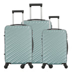 Three teal hard-shell suitcases in Small, Medium and Large sizes, featuring diagonal ribbed detailing, telescopic handles and spinner wheels.