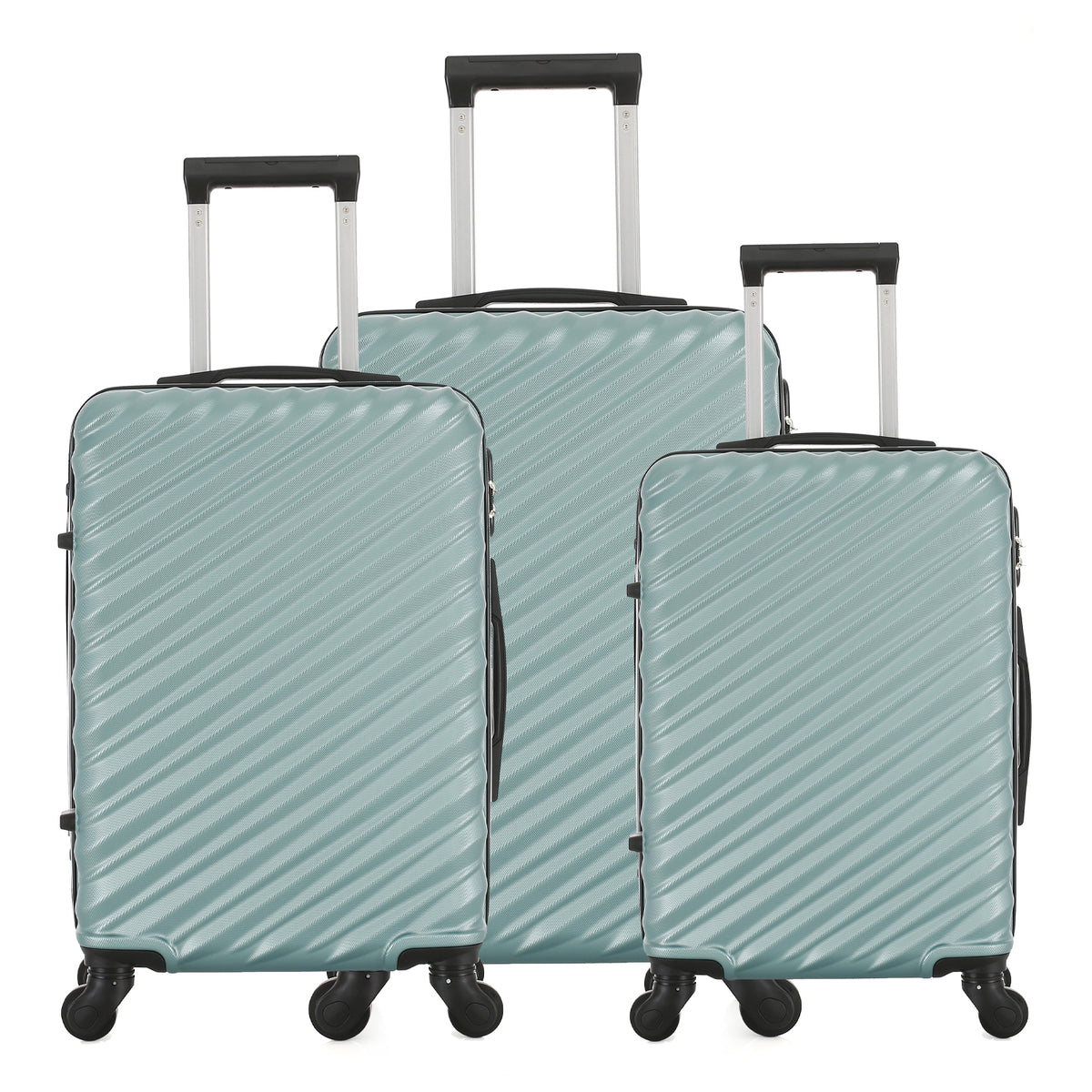 Three teal hard-shell suitcases in Small, Medium and Large sizes, featuring diagonal ribbed detailing, telescopic handles and spinner wheels.