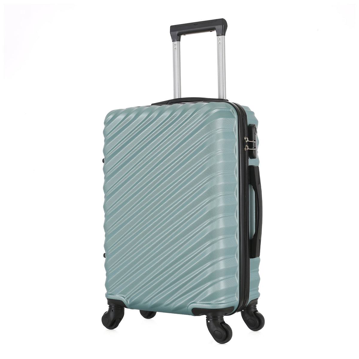 Angled view of the Large teal hard-shell suitcase showing the ribbed shell, zip closure, side carry handle and spinner wheels.