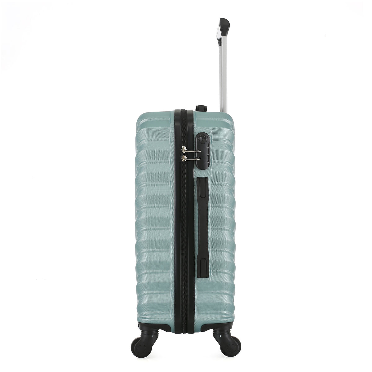 Side view of the Large teal hard-shell suitcase showing the combination lock, zip closure, side carry handle and spinner wheels.