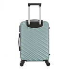 Rear view of the Large teal hard-shell suitcase with diagonal ribbed detailing, telescopic handle and spinner wheels.
