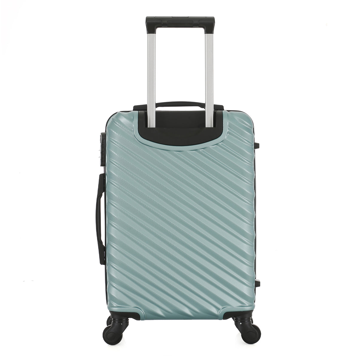Rear view of the Large teal hard-shell suitcase with diagonal ribbed detailing, telescopic handle and spinner wheels.