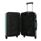 Open view of the Large teal hard-shell suitcase showing the black lined interior, zippered divider compartment and adjustable packing straps.