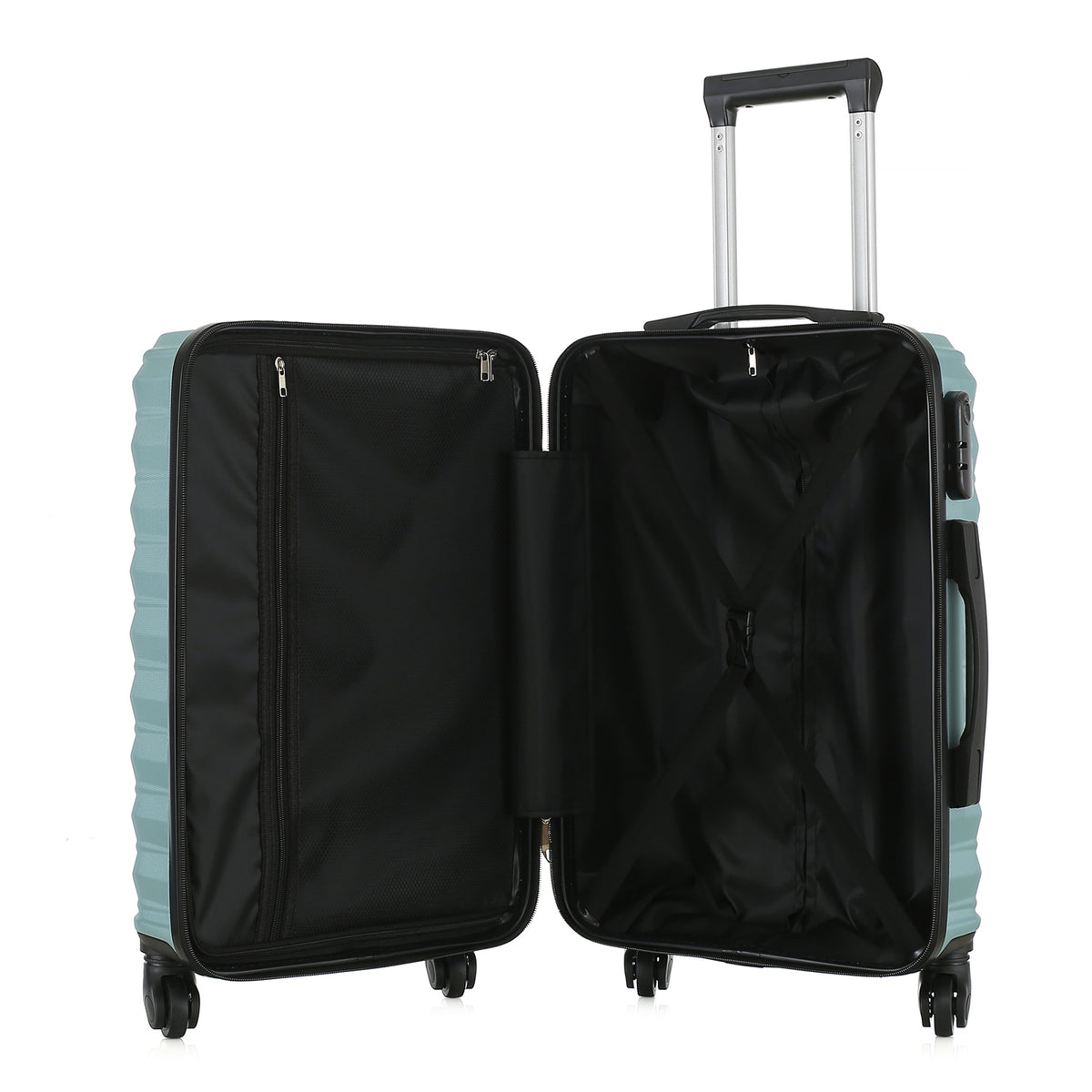 Open view of the Large teal hard-shell suitcase showing the black lined interior, zippered divider compartment and adjustable packing straps.