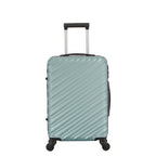 Front view of the Medium teal hard-shell suitcase with diagonal ribbed detailing, extended telescopic handle and spinner wheels.