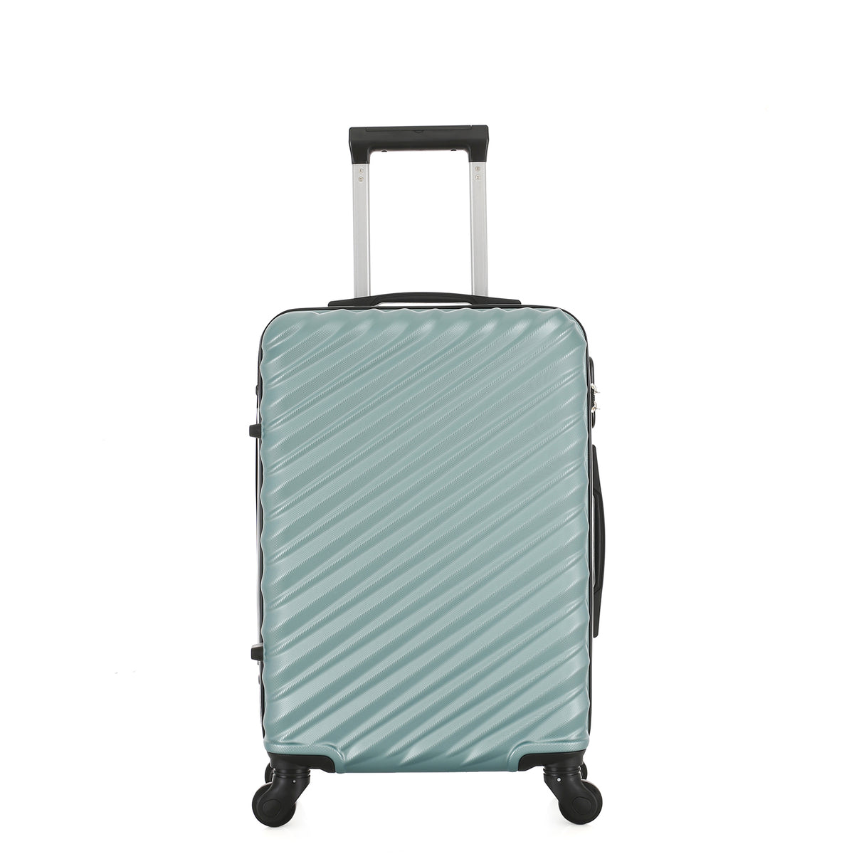 Front view of the Medium teal hard-shell suitcase with diagonal ribbed detailing, extended telescopic handle and spinner wheels.
