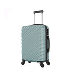 Angled view of the Medium teal hard-shell suitcase showing the ribbed shell, zip closure, side carry handle and spinner wheels.