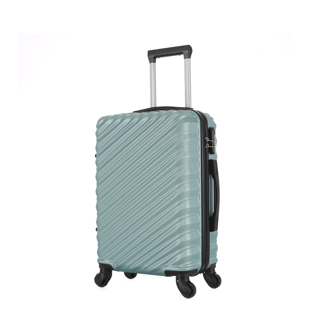 Angled view of the Medium teal hard-shell suitcase showing the ribbed shell, zip closure, side carry handle and spinner wheels.