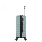 Side view of the Medium teal hard-shell suitcase showing the combination lock, zip closure, side carry handle and spinner wheels.
