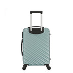 Rear view of the Medium teal hard-shell suitcase with diagonal ribbed detailing, telescopic handle and spinner wheels.