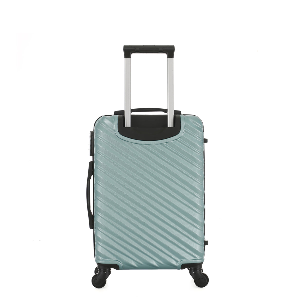 Rear view of the Medium teal hard-shell suitcase with diagonal ribbed detailing, telescopic handle and spinner wheels.