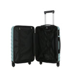 Open view of the Medium teal hard-shell suitcase showing the black lined interior, zippered divider compartment and adjustable packing straps.