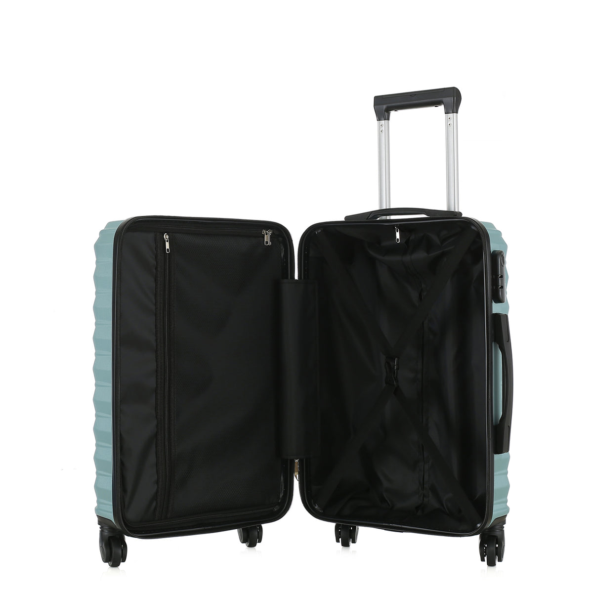 Open view of the Medium teal hard-shell suitcase showing the black lined interior, zippered divider compartment and adjustable packing straps.