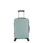 Front view of the Small teal hard-shell suitcase with diagonal ribbed detailing, telescopic handle and spinner wheels.