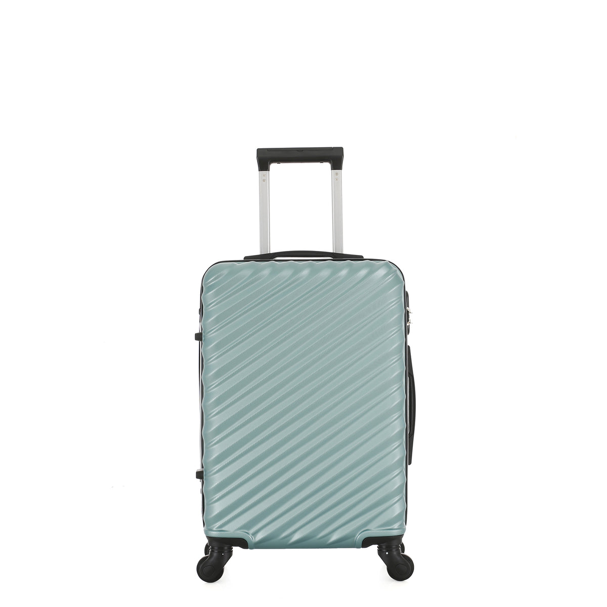 Front view of the Small teal hard-shell suitcase with diagonal ribbed detailing, telescopic handle and spinner wheels.